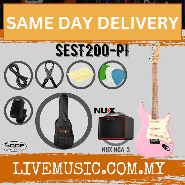 SQOE SEST200 Stratocaster SSS 6-String Electric Guitar with NUX Mighty Lite - Pink ( SEST 200 / SEST-200 / NGA-3 / NGA3 )