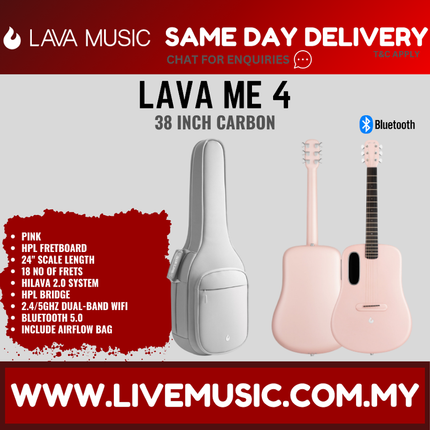 Lava Me 4 38" Carbon Fiber Smart Acoustic Electric Guitar With Touchscreen Effects And Airflow Bag-Pink