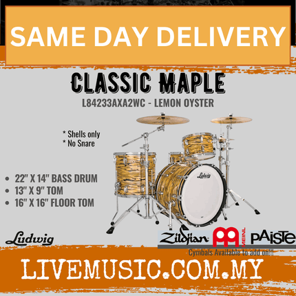 Ludwig L84233AXA2WC Classic Maple 3-Pcs (22/16/13)FAB Drum Shell Kit, Lemon Oyster