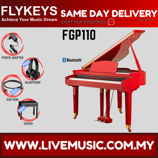 Red 88-key digital grand piano with bench, open lid, and pedal stand