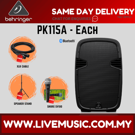 Behringer PK115A Active 800W 15" PA Speaker w/Bluetooth w/Wireless Mic, Speaker Stand & Cable ( PK-115A / PK 115A )