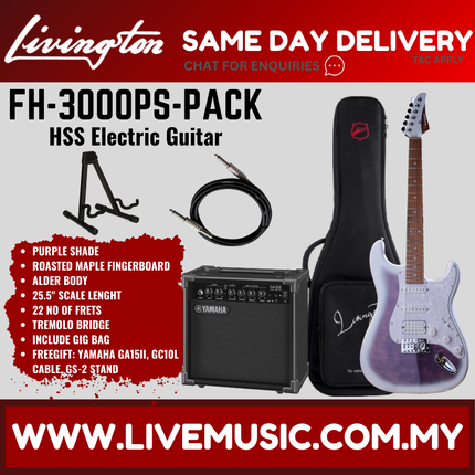 Livingston FH-3000-PACK Stratocaster HSS Electric Guitar w/GA15II Amplifier, Roasted Maple Fretboard - Purple Shade( FH3000 FH 3000 )