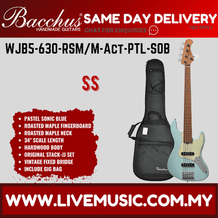 Bacchus WJB5-630-RSM/M-Act 5-Strings Bass Guitar, Roasted Maple Fretboard - Sonic Blue ( WJB5630RSM / WJB5 630 )