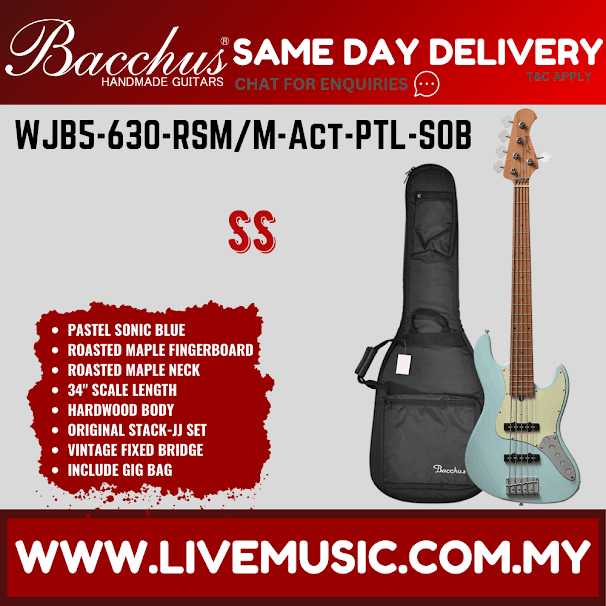 Sonic blue 5-string electric bass with roasted maple fretboard, in black gig bag