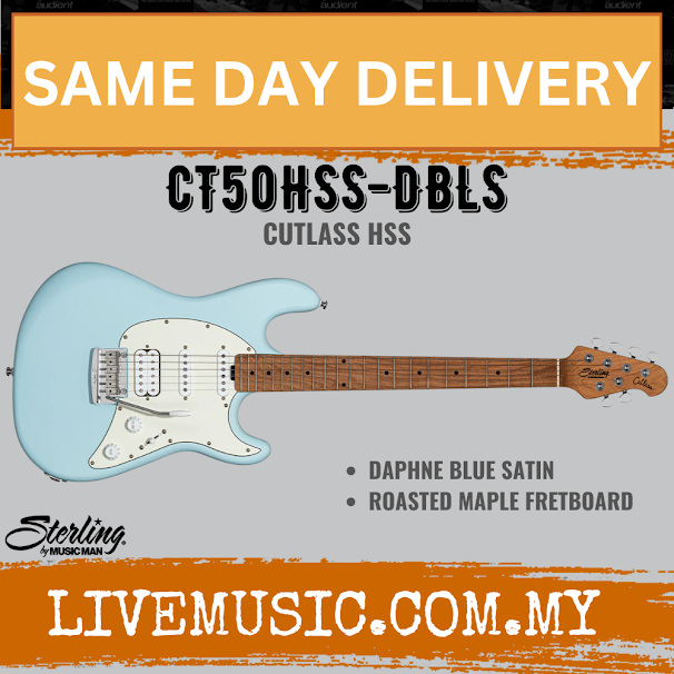 Sterling Cutlass CT50HSS Electric Guitar, Roasted Maple Fretboard -  Daphne Blue Satin (CT50-HSS/CT 50HSS)