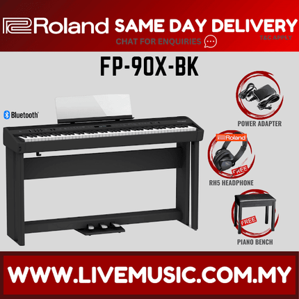 Roland FP-90X 88-key Digital Piano with Piano Stand, Bench, RH5 Headphones, Note Stand, 3-Pedal - Black ( FP90X / RH-5)