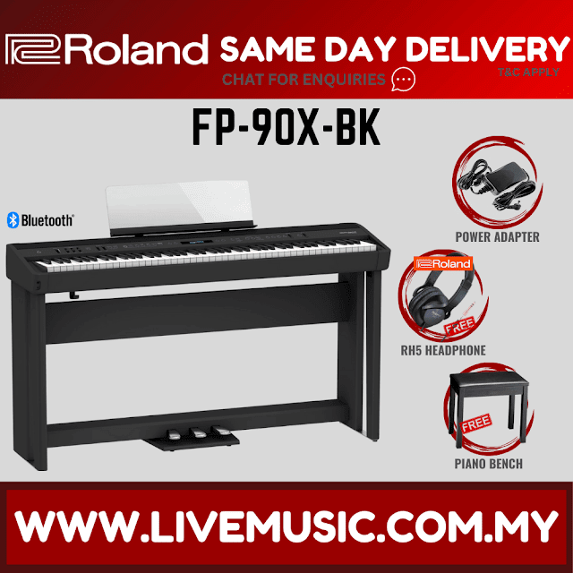 Roland FP-90X 88-key Digital Piano with Piano Stand, Bench, RH5 Headphones, Note Stand, 3-Pedal - Black ( FP90X / RH-5)