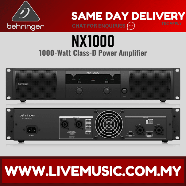 Behringer NX1000 1000-Watt Class-D 2-channel power amplifier, front and rear view