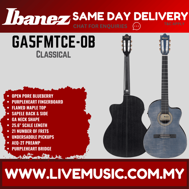 Ibanez GA5FMTCE-OB GA Series Classical Acoustic Electric Guitar, Open Pore Blue Berry ( GA5FMTCE OB / GA5FMTCEOB )