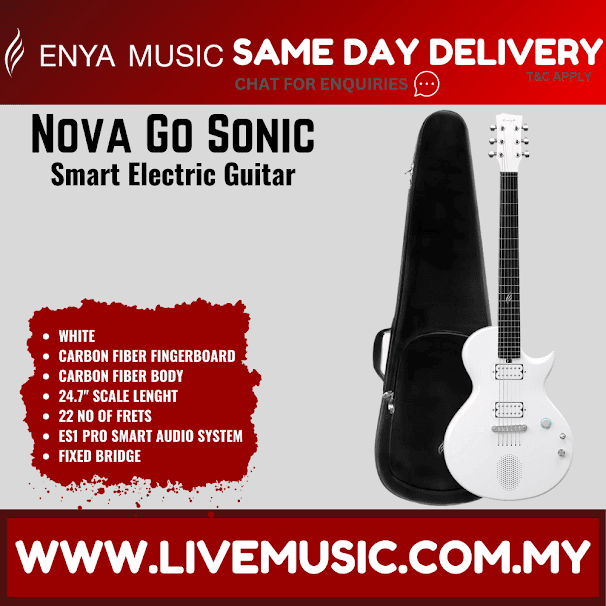 White electric guitar with gig bag, fixed bridge and control knobs on body