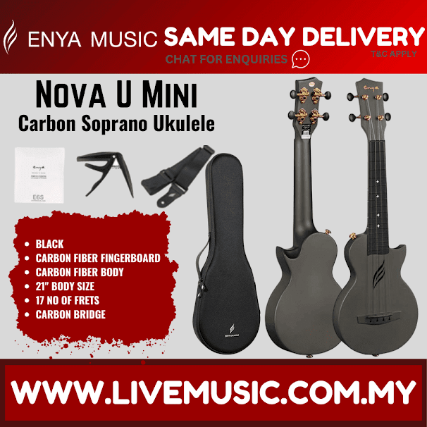 Black 21-inch soprano ukulele with black gig bag and strap