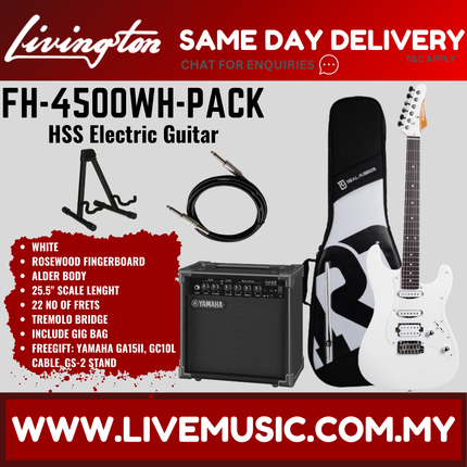 Livingston FH-4500-PACK Stratocaster HSS Electric Guitar w/GA15II Amplifier, Rosewood Fretboard - White ( FH 4500 FH4500 )
