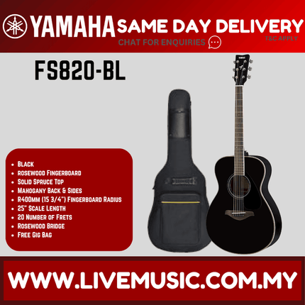 Yamaha FS820 Concert Acoustic Guitar W/Bag - Black (FS-820 FS 820)