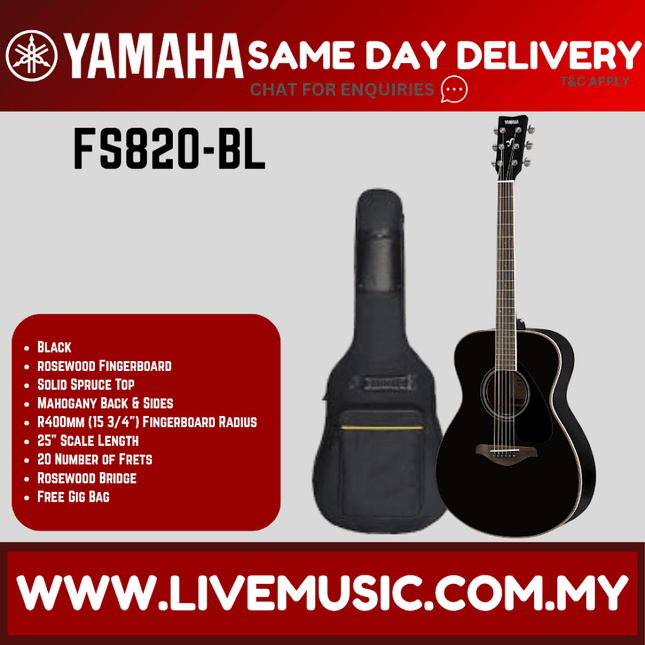 Yamaha FS820 Concert Acoustic Guitar W/Bag - Black (FS-820 FS 820)