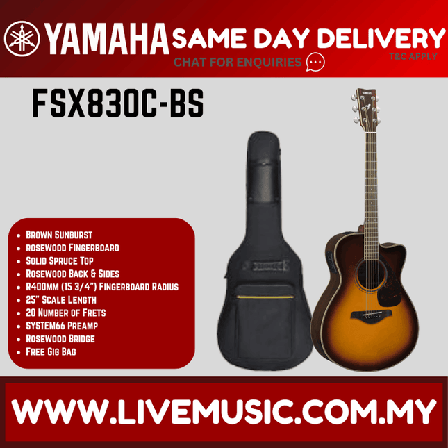 Yamaha FSX830C Concert Cutaway Acoustic-Electric Guitar - Brown Sunburst ( FSX-830C / FSX830C-NT )