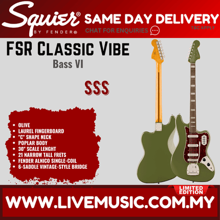 Squier FSR Classic Vibe Bass VI Electric Guitar, Laurel FB, Olive