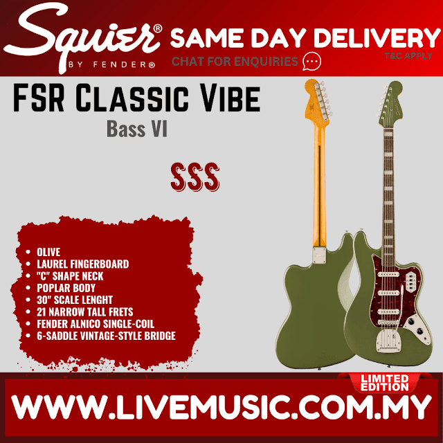 Squier FSR Classic Vibe Bass VI Electric Guitar, Laurel FB, Olive