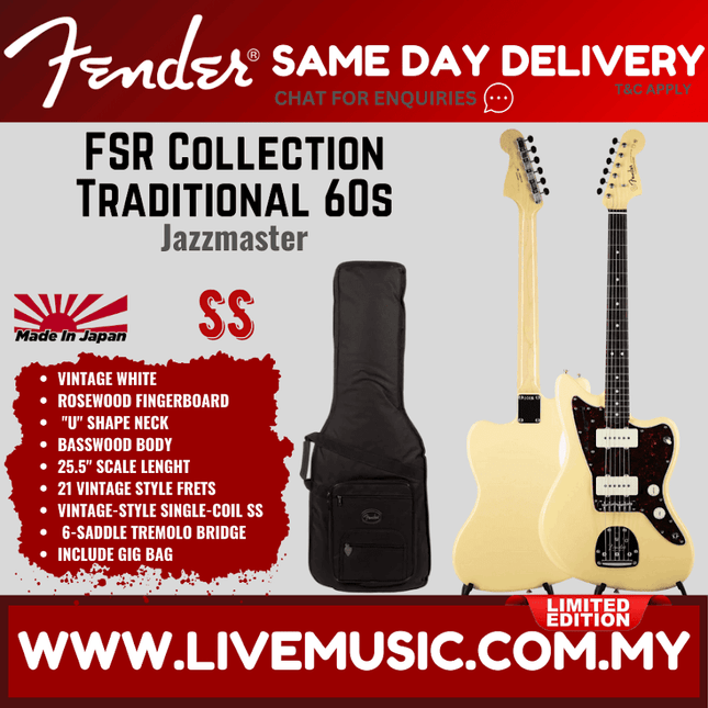 Fender FSR Collection Traditional 60s Jazzmaster Electric Guitar, RW FB, Vintage White