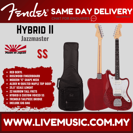 Fender Japan Hybrid II Jazzmaster Electric Guitar w/Quilt Maple Top, RW FB, Quilt Red Beryl