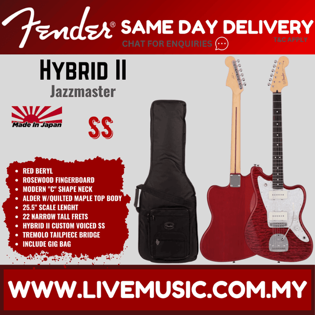Fender Japan Hybrid II Jazzmaster Electric Guitar w/Quilt Maple Top, RW FB, Quilt Red Beryl