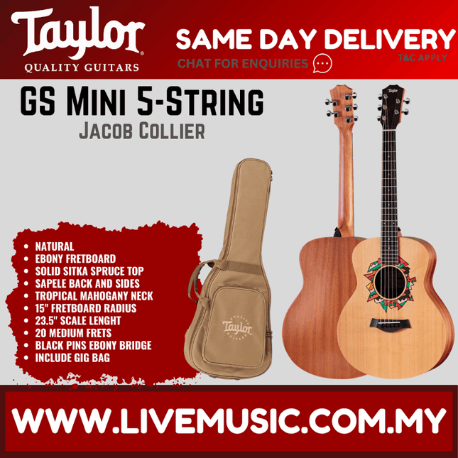 Natural mini 5-string acoustic guitar with tan gig bag