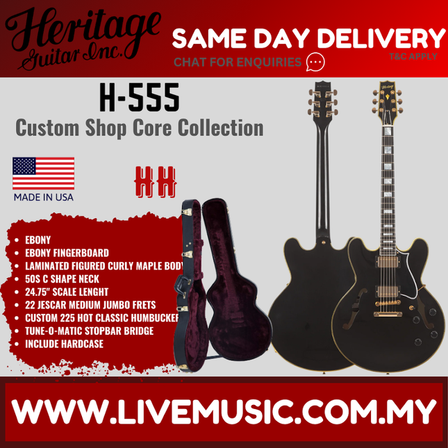 Heritage Custom Shop Core Collection H-555 Electric Guitar, Ebony ( H555 / H 555 )