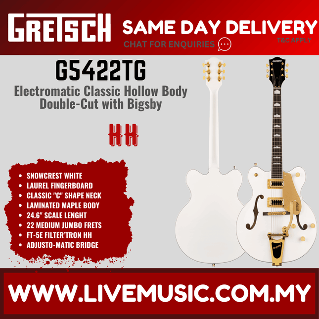 Gretsch G5422TG Electromatic Classic Hollow Body Double-Cut Bigsby Electric Guitar, Snowcrest White