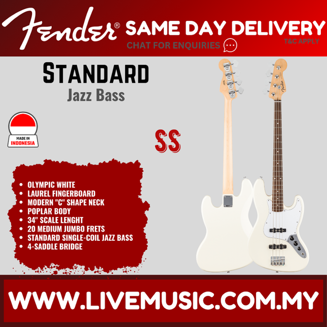 Olympic white Jazz Bass guitar with laurel fretboard, dual pickups, 4-saddle bridge