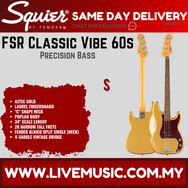 Squier FSR Classic Vibe 60s Precision Bass Guitar, Laurel FB, Aztec Gold
