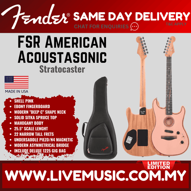 Acoustasonic Stratocaster guitar in Shell Pink with padded gig bag, front and side views