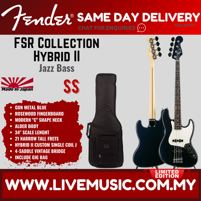 Fender FSR Collection Hybrid II Jazz Bass Guitar, RW FB, Gun Metal Blue