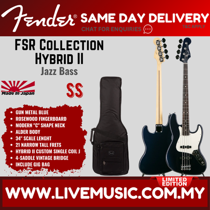 Fender FSR Collection Hybrid II Jazz Bass Guitar, RW FB, Gun Metal Blue