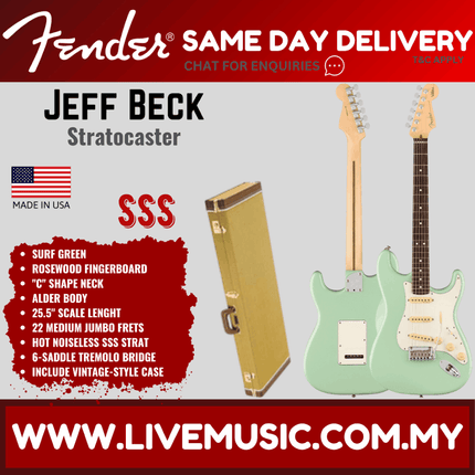 Fender Artist Jeff Beck Stratocaster Guitar, RW FB, Surf Green, w/Case