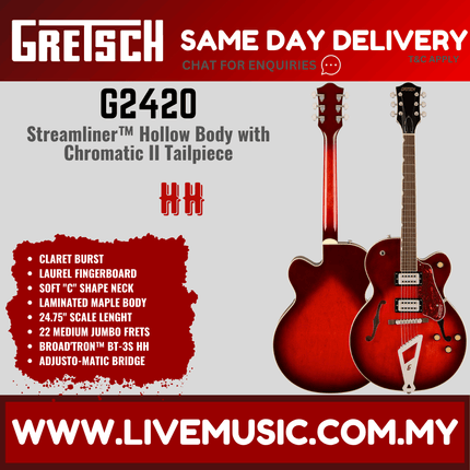 Gretsch G2420 Streamliner Hollowbody Electric Guitar w/Chromatic II Tailpiece, Claret Burst