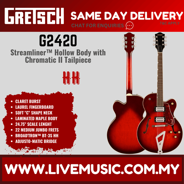 Gretsch G2420 Streamliner Hollowbody Electric Guitar w/Chromatic II Tailpiece, Claret Burst