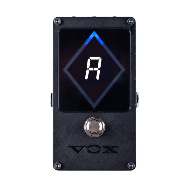 Front view of black strobe tuner pedal with blue-lit digit display and Vox logo