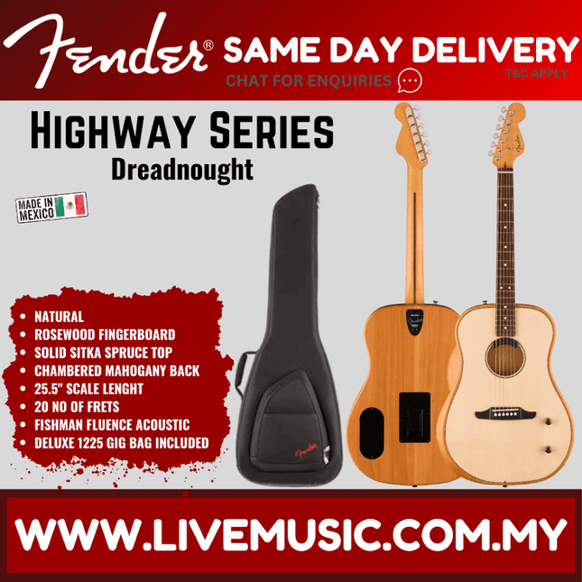 Natural dreadnought acoustic guitar with black gig bag