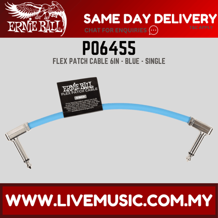 Ernie Ball P06455 FLEX Instrument Patch Cable 6 Inch Single, Blue