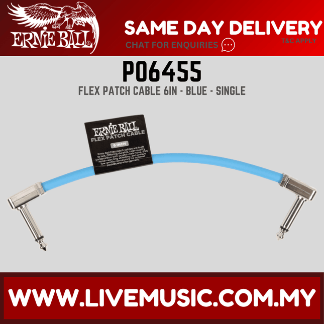 Ernie Ball P06455 FLEX Instrument Patch Cable 6 Inch Single, Blue