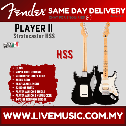Fender Player II Stratocaster HSS Electric Guitar, Maple FB, Hialeah Yellow / Aquatone Blue / Black
