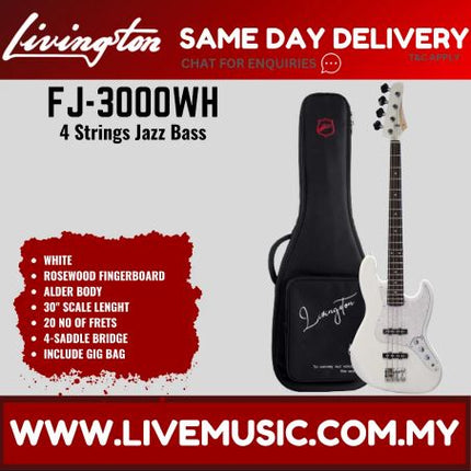 Livingston JB-3000 4-String Jazz Bass Guitar, Rosewood Fretboard, w/Gig Bag ( JB 3000 )-White