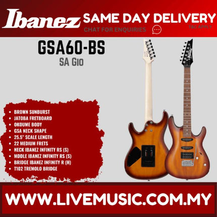 Ibanez GSA60 GIO Series Solidbody Electric Guitar - (GSA60-BKN GSA60-WNF GSA60-BS)-Brown Sunburst