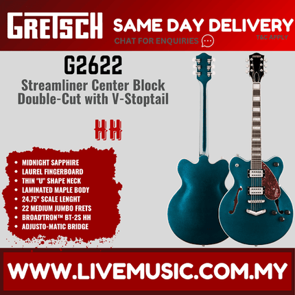 Gretsch G2622 Streamliner Centre Block Double Cut Guitar w/V-Stoptail - Midnight Sapphire ( G-2622 G 2622 )