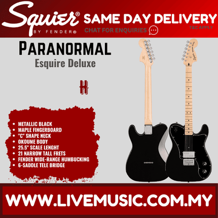 Squier Paranormal Esquire Deluxe Electric Guitar, Maple FB, Metallic Black