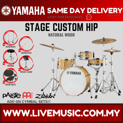Natural wood 4-piece acoustic drum set with cymbals and stand hardware