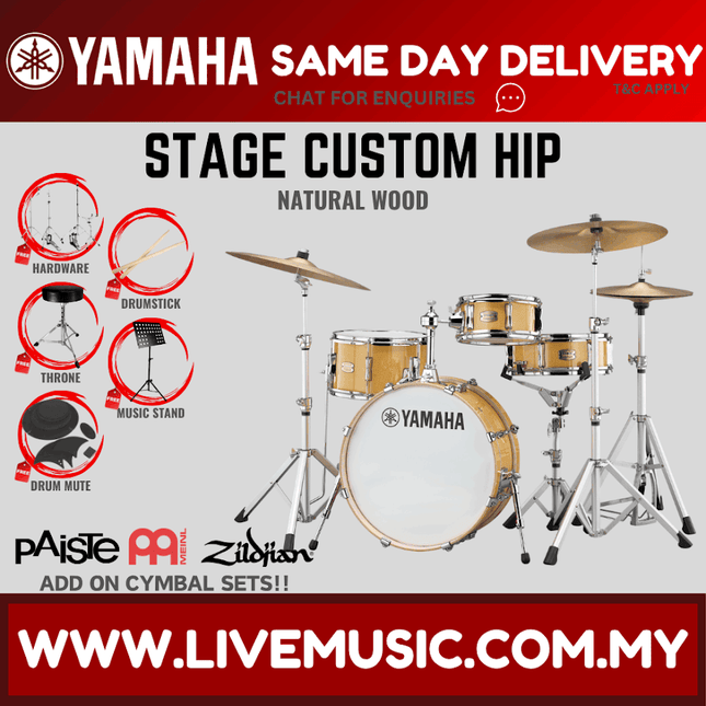 Natural wood 4-piece acoustic drum set with cymbals and stand hardware