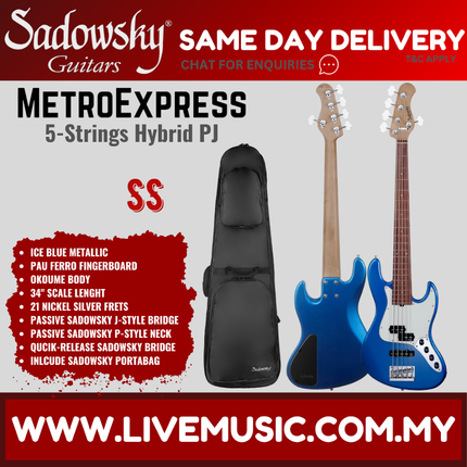 Sadowsky MetroExpress 21-Fret Hybrid PJ 5-String Bass Guitar, PF FB, Ice Blue Metallic