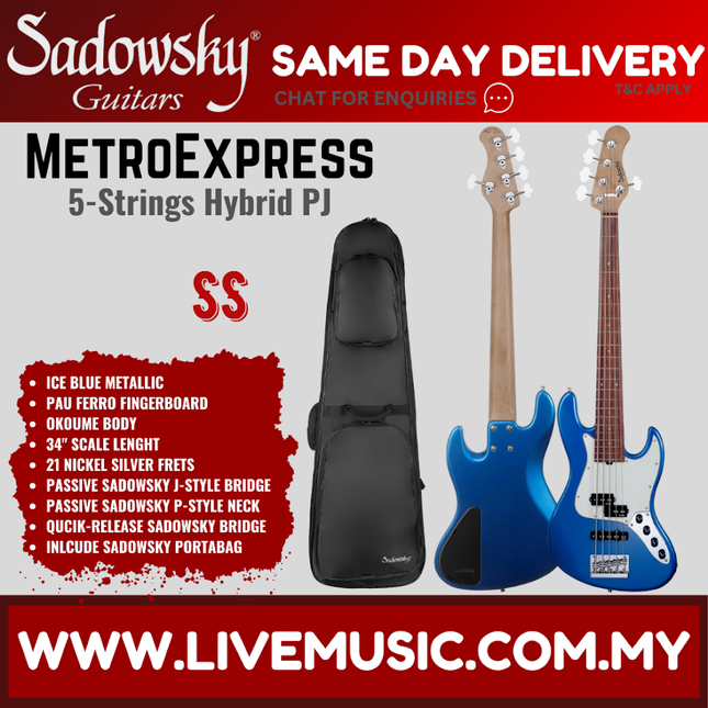 Sadowsky MetroExpress 21-Fret Hybrid PJ 5-String Bass Guitar, PF FB, Ice Blue Metallic