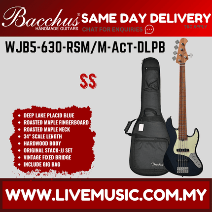 Bacchus WJB5-630-RSM/M-Act 5-Strings Bass Guitar, Roasted Maple Fretboard - Lake Placid Blue ( WJB5630RSM / WJB5 630 )