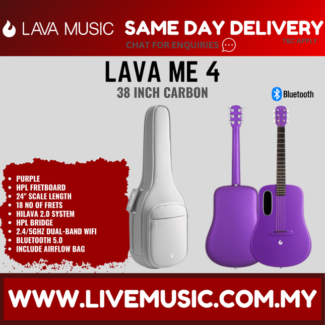 Lava Me 4 38" Carbon Fiber Smart Acoustic Electric Guitar With Touchscreen Effects And Airflow Bag